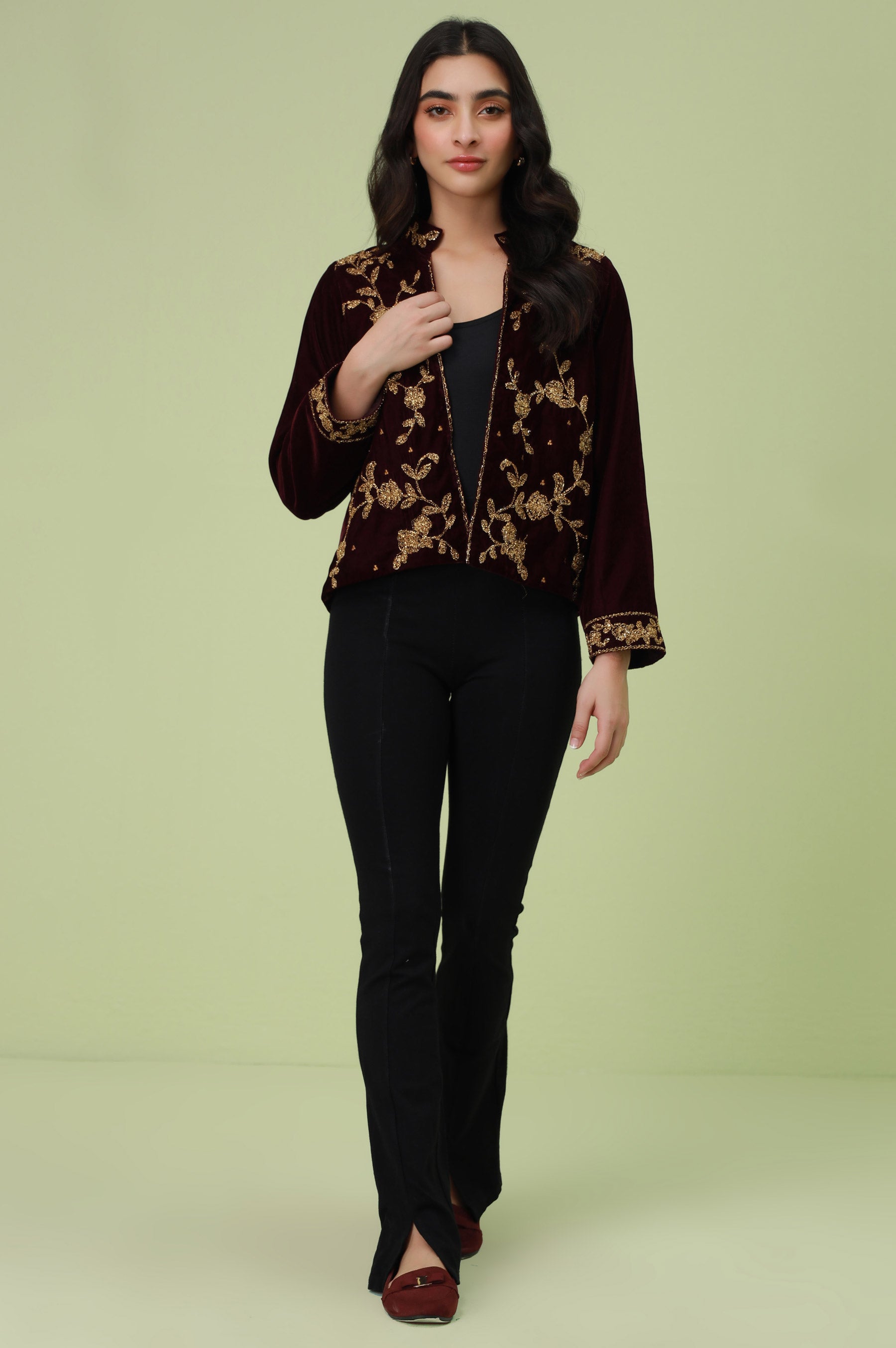 Stitched 1 Piece Embroidered Velvet Jacket - Maroon